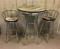 Rustic Man Cave Custom Multi-Colored Pine Wood and Chrome Bar Table Set with a Glass Table Top