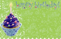 "Happy Birthday" : Blue cupcake green bckgrnd (Pack of 50 enclosure cards)