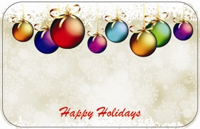 "Happy Holidays" : multi-colored ornaments top (Pack of 50 enclosure cards)