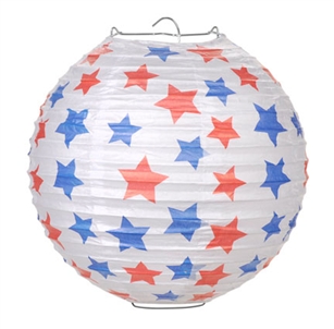 White Paper Lantern w/ Red & Blue Stars