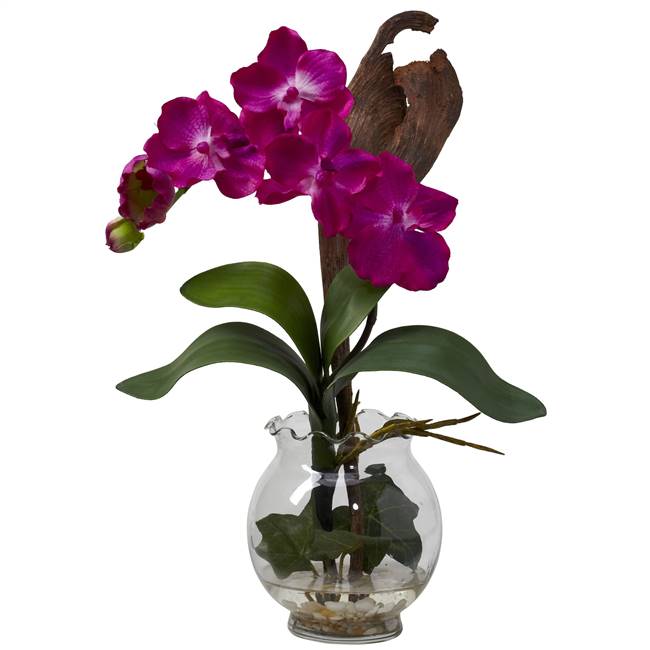 Mini Vanda w/Fluted Vase Silk Flower Arrangement