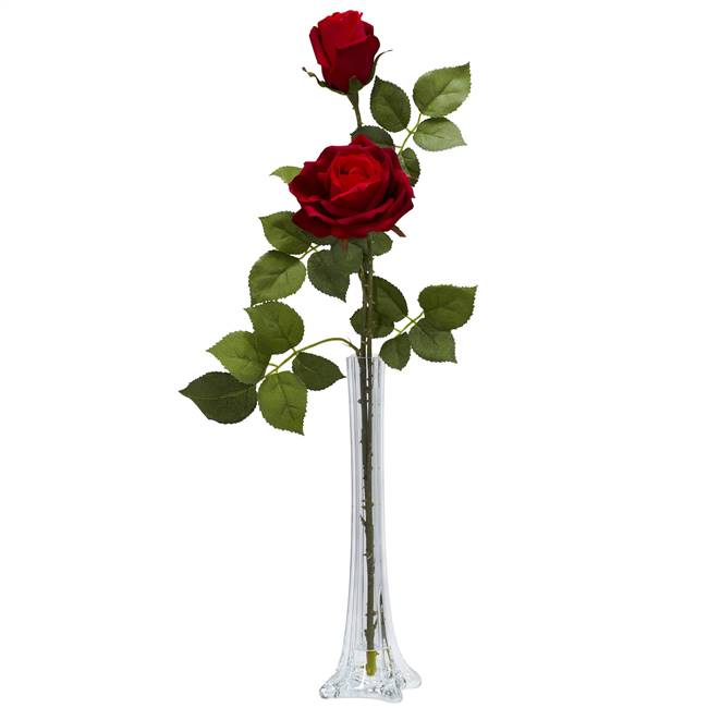 Roses w/Tall Bud Vase Silk Flower Arrangement