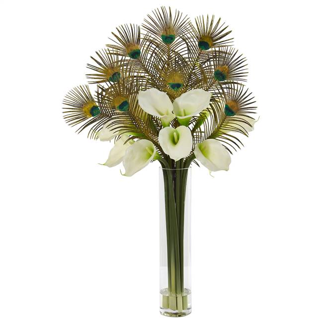 36” Peacock and Calla Lily Artificial Arrangement in Cylinder Glass