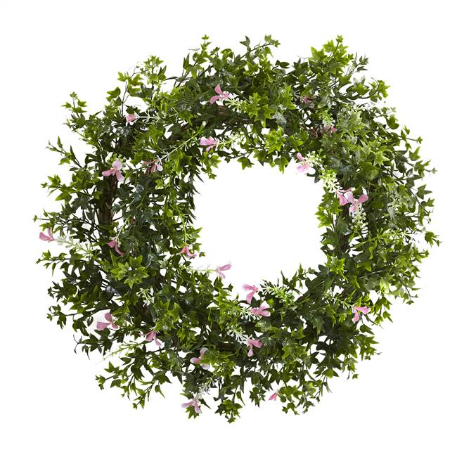 18” Mini Ivy & Floral Double Ring Wreath w/Twig Base