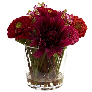 Mixed Zinnia Arrangement w/Decorative Glass Vase