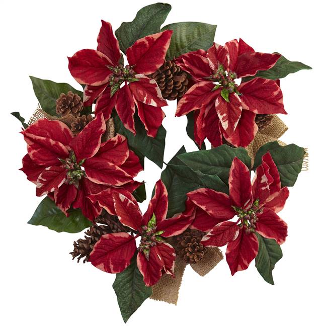 22” Poinsettia, Pine Cone & Burlap Wreath