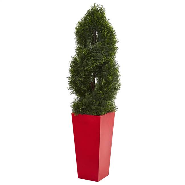 4.5' Double Pond Cypress Spiral Artificial Tree in Red Planter UV Resistant (Indoor/Outdoor)