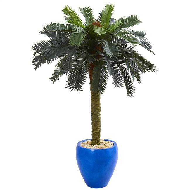 4' Sago Palm Artificial Tree in Glazed Blue Planter