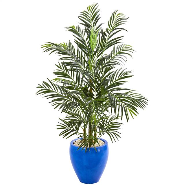 4.5' Areca Palm Artificial Tree in Glazed Blue Planter UV Resistant (Indoor/Outdoor)