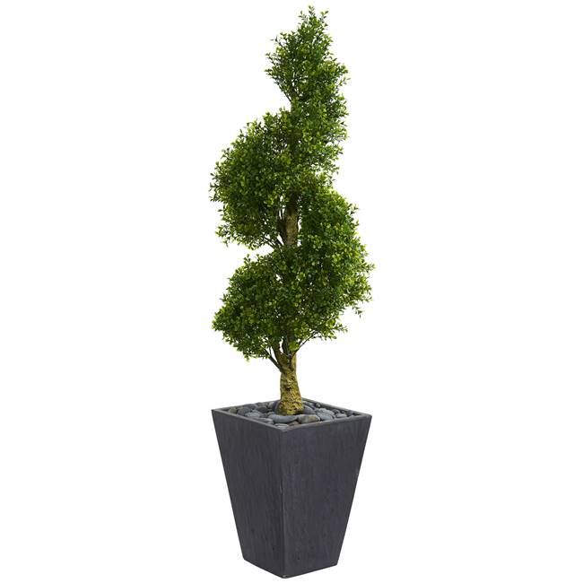 5’ Boxwood Spiral Topiary Artificial Tree in Slate Planter UV Resistant (Indoor/Outdoor)
