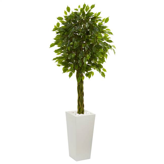 5’ Braided Ficus Artificial Tree in White Tower Planter UV Resistant (Indoor/Outdoor)