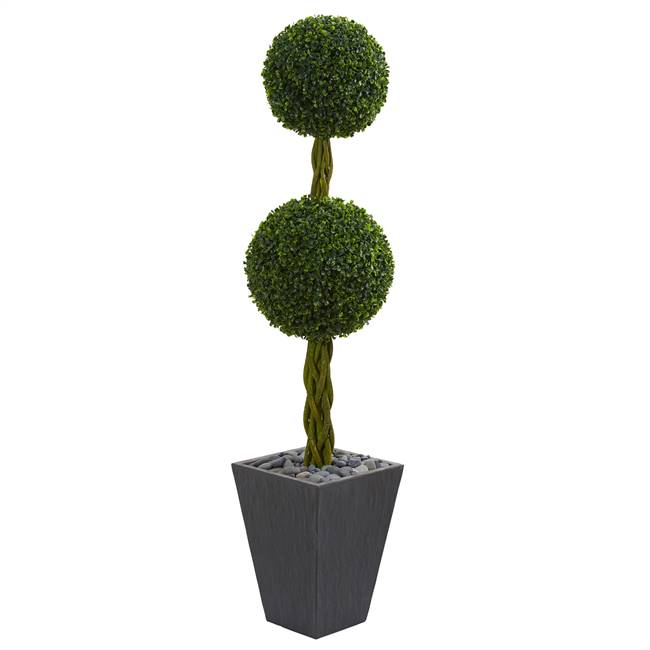 5’ Double Ball Boxwood Topiary Artificial Tree in Slate Planter UV Resistant (Indoor/Outdoor)r)