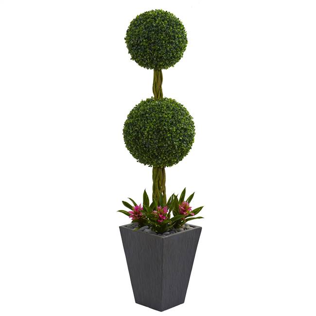 5’ Double Boxwood Ball Topiary Artificial Tree in Slate Planter UV Resistant (Indoor/Outdoor)