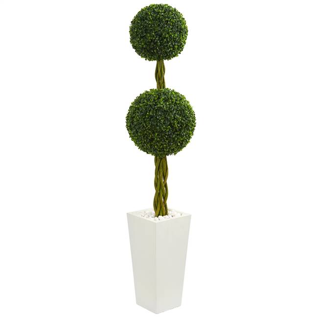 5’ Double Ball Boxwood Topiary Artificial Tree in White Tower Planter UV Resistant (Indoor/Outdoor)