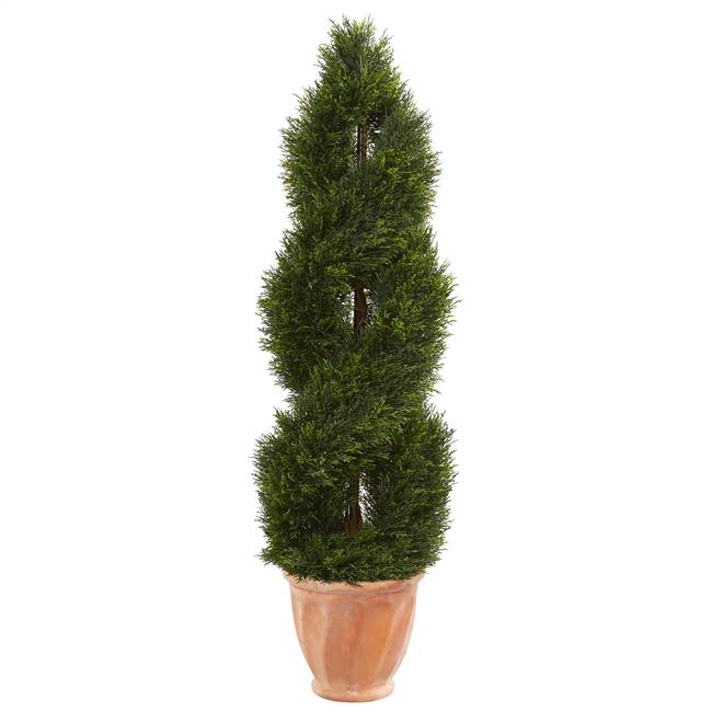 4.5’ Double Pond Cypress Topiary Artificial Tree in Terracotta Planter UV Resistant (Indoor/Outdoor)