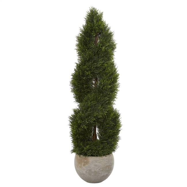 4’ Double Pond Cypress Spiral Artificial Tree in Sand Colored Planter UV Resistant (Indoor/Outdoor)