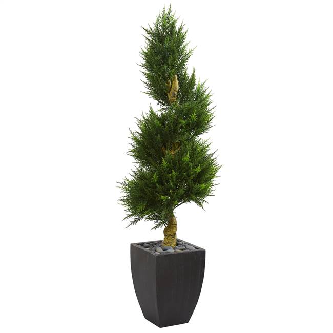 5.5’ Cypress Spiral Artificial Tree in Black Wash Planter UV Resistant (Indoor/Outdoor)