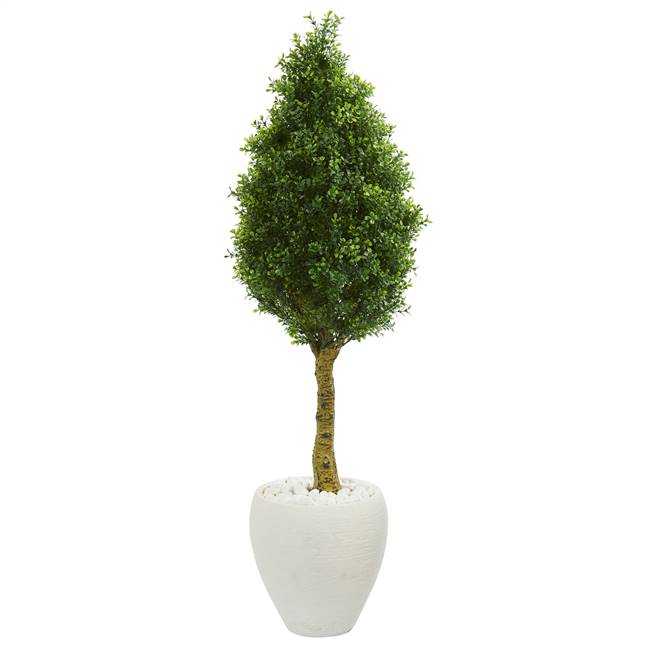 4.5’ Boxwood Cone Topiary Artificial Tree in White Oval Planter UV Resistant (Indoor/Outdoor)