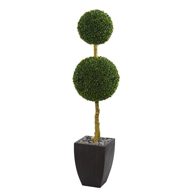 5’ Double Ball Boxwood Topiary Artificial Tree in Black Wash Planter UV Resistant (Indoor/Outdoor)