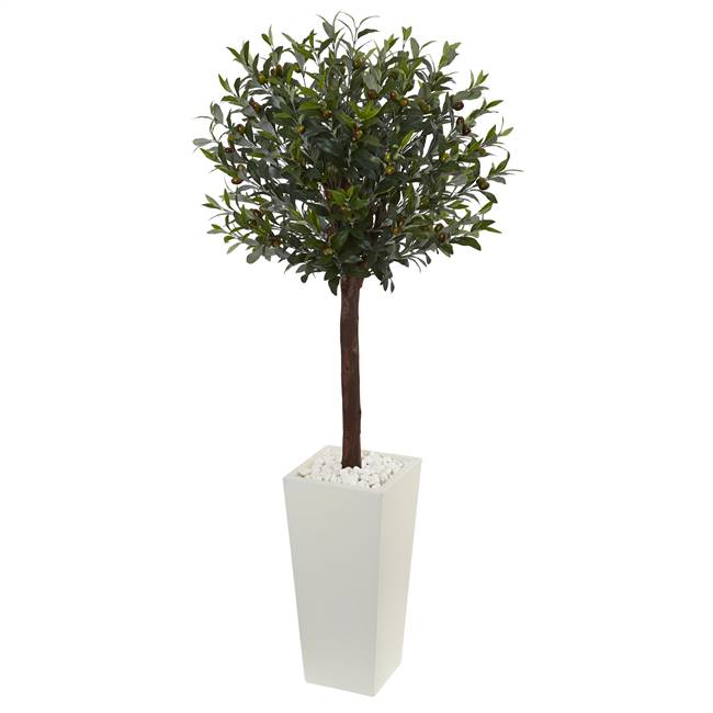 5' Olive Topiary Artificial Tree in White Tower Planter