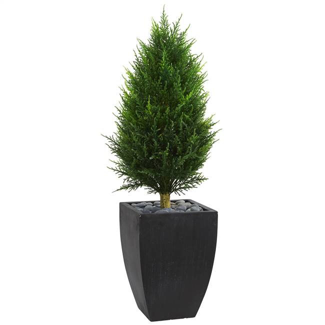 4’ Cypress Cone Artificial Topiary Tree in Black Wash Planter UV Resistant (Indoor/Outdoor)