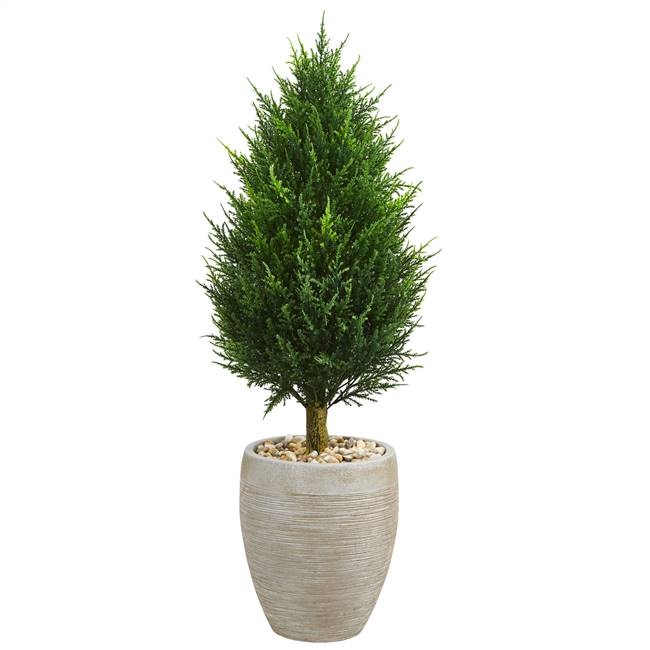 40” Cypress Cone Artificial Tree in Sand Colored Oval Planter UV Resistant (Indoor/Outdoor)