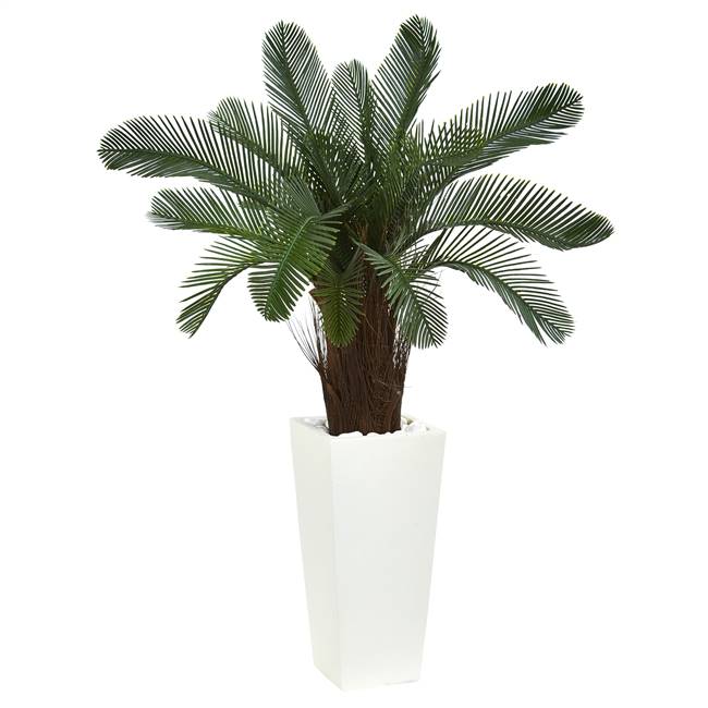 40” Cycas Artificial Tree in White Tower Planter UV Resistant (Indoor/Outdoor)
