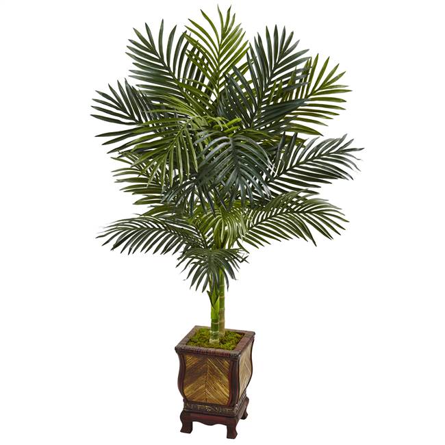 4.5’ Golden Cane Palm Tree in Wooden Decorated Planter