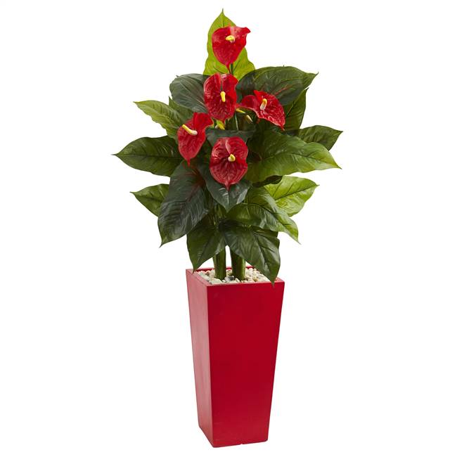 53” Anthurium Artificial Plant in Red Tower Vase(Real Touch)