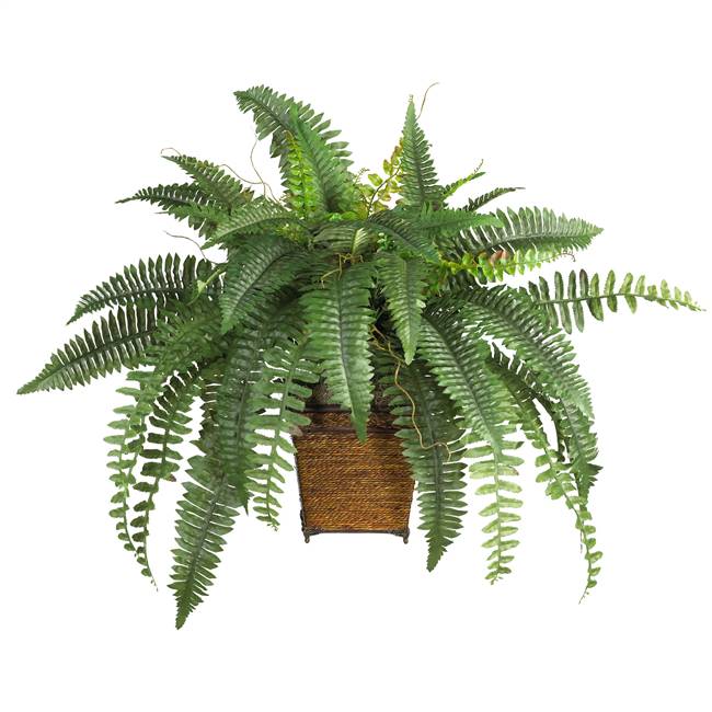 Boston Fern w/Wood Wicker Basket Silk Plant