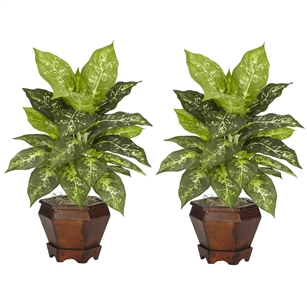 Dieffenbachia w/Wood Vase Silk Plant (Set of 2)