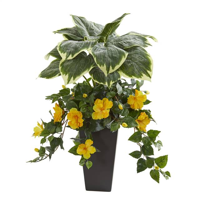 32” Hosta and Hibiscus Artificial Plant in Black Vase