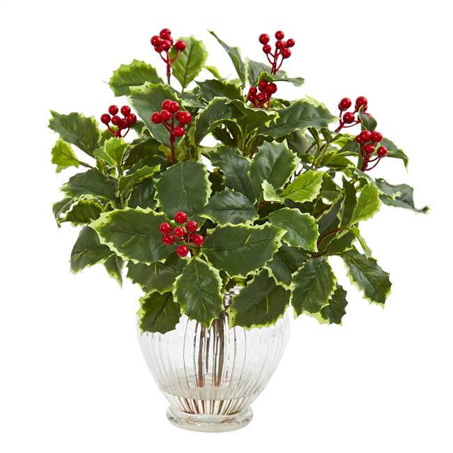 15” Variegated Holly Leaf Artificial Plant in Vase (Real Touch)