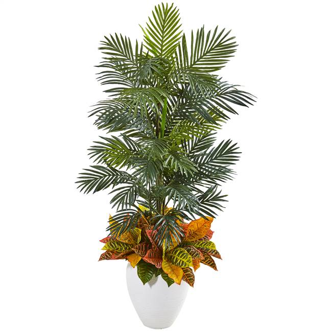 56” Areca Palm and Croton Artificial Plant in White Planter
