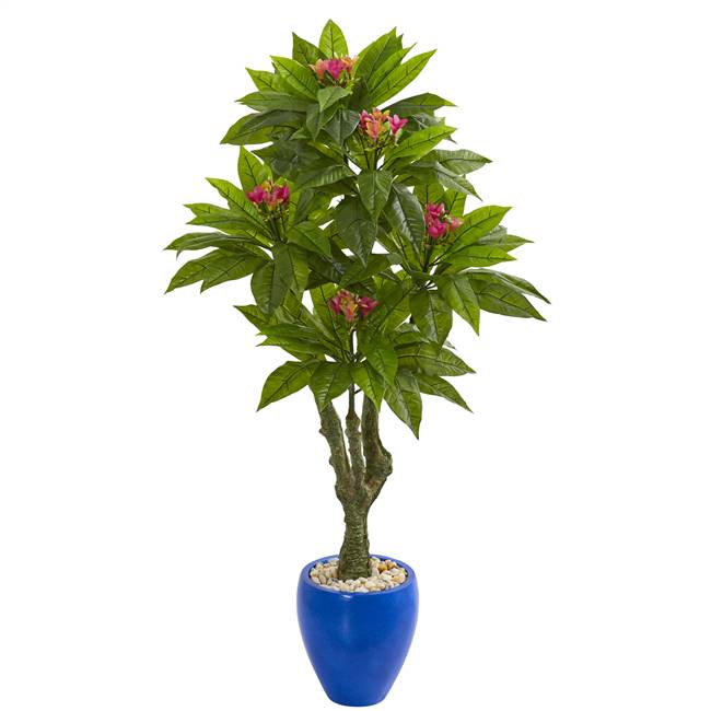 5’ Plumeria Artificial Tree in Decorative Blue Planter UV Resistant (Indoor/Outdoor)