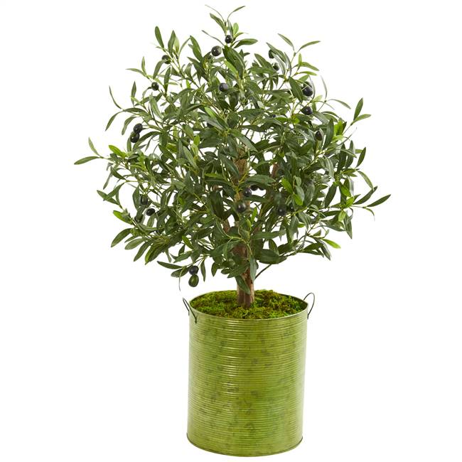 33” Olive Artificial Tree in Green Metal Planter