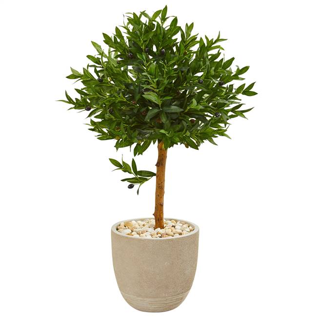 40” Olive Topiary Artificial Tree in Sand Stone Planter UV Resistant (Indoor/Outdoor)