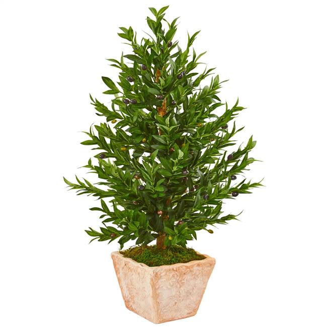 35” Olive Cone Topiary Artificial Tree in Terra Cotta Planter UV Resistant (Indoor/Outdoor)