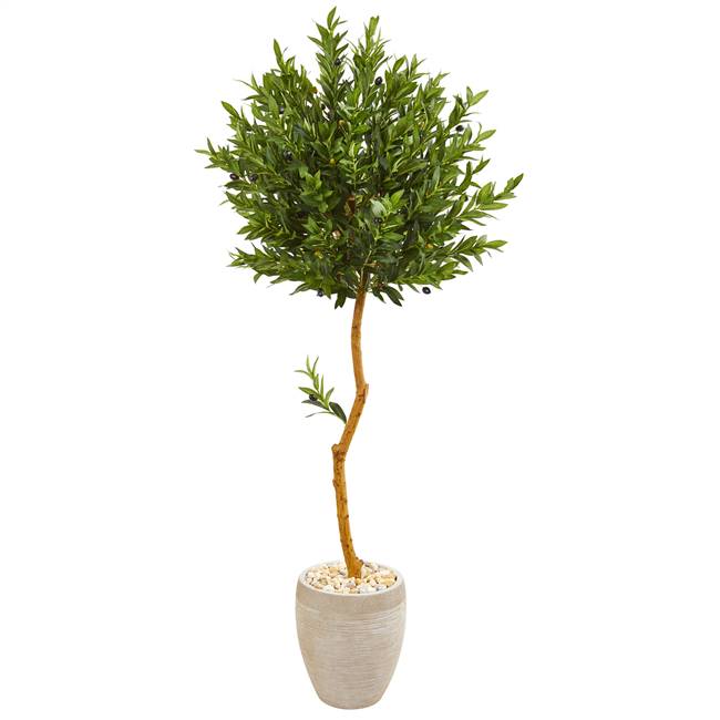 5.5’ Olive Topiary Artificial Tree in Sand Colored Planter UV Resistant (Indoor/Outdoor)