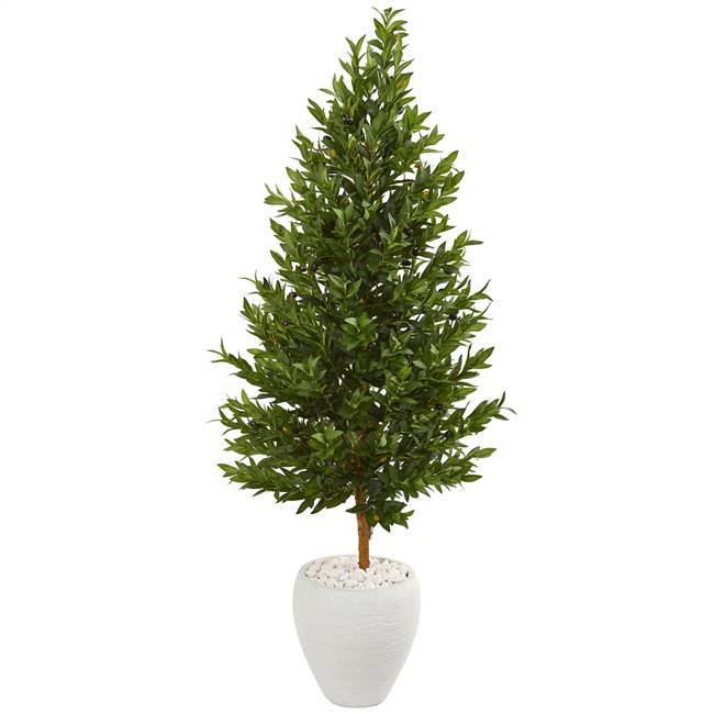 5’ Olive Cone Topiary Artificial Tree in White Planter UV Resistant (Indoor/Outdoor)