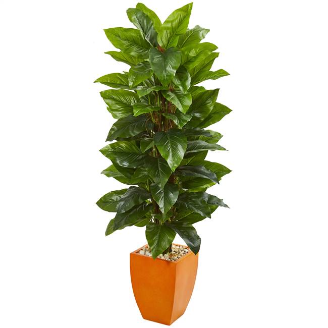 5.5’ Large Leaf Philodendron Artificial Plant in Orange Planter (Real Touch)