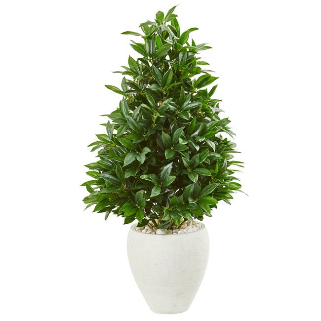 44” Bay Leaf Cone Topiary Artificial Tree in White Planter UV Resistant (Indoor/Outdoor)