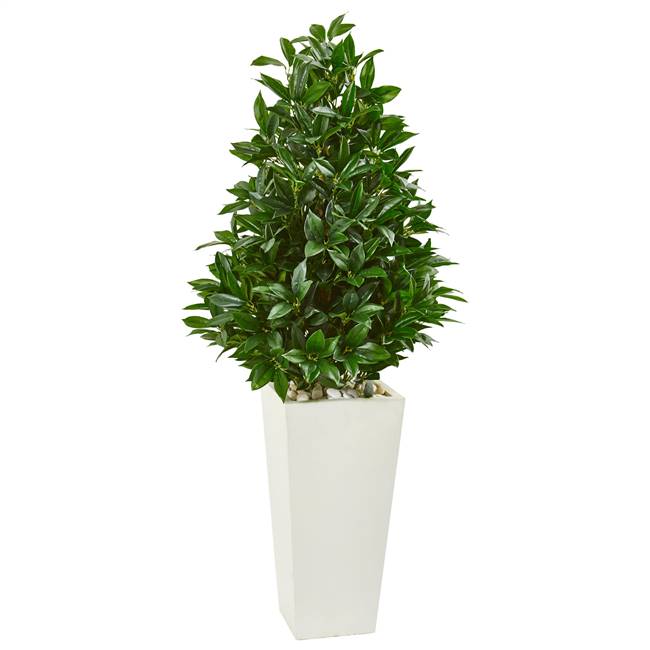 4’ Bay Leaf Cone Topiary Artificial Tree in White Tower Planter UV Resistant (Indoor/Outdoor)