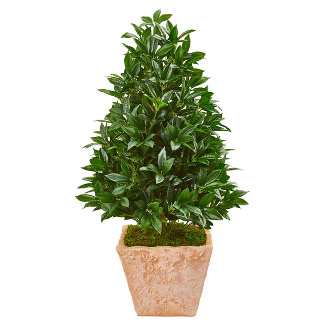 39” Bay Leaf Cone Topiary Artificial Tree in Terra Cotta Planter UV Resistant (Indoor/Outdoor)