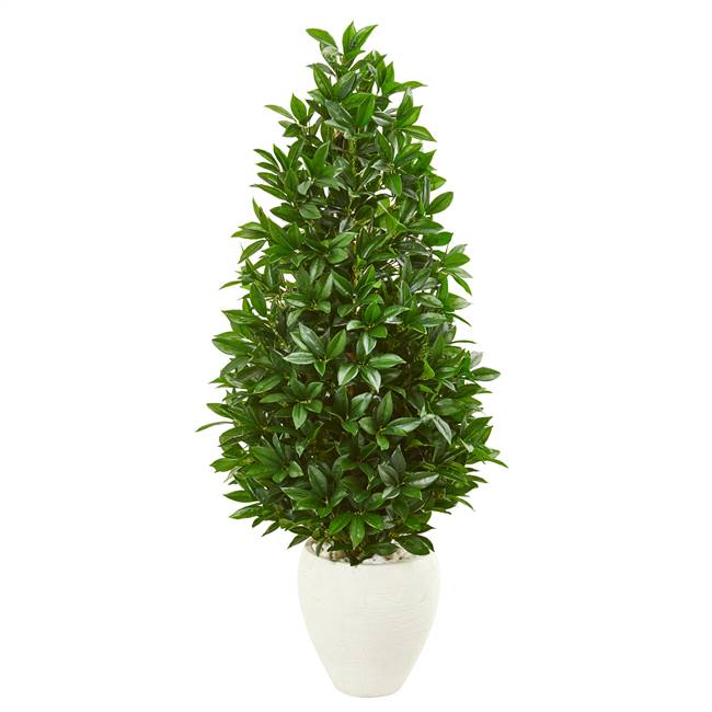 4.5’ Bay Leaf Cone Topiary Artificial Tree UV Resistant in White Planter (Indoor/Outdoor)