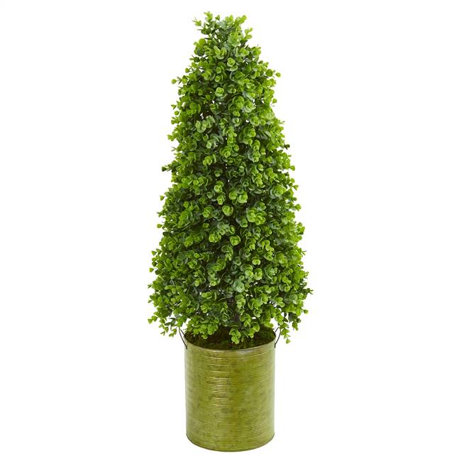 41” Eucalyptus Cone Topiary Artificial Tree in Metal Planter (Indoor/Outdoor)