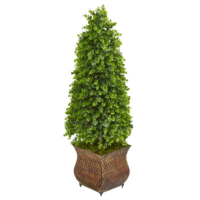41” Eucalyptus Cone Topiary Artificial Tree in Metal Planter (Indoor/Outdoor)