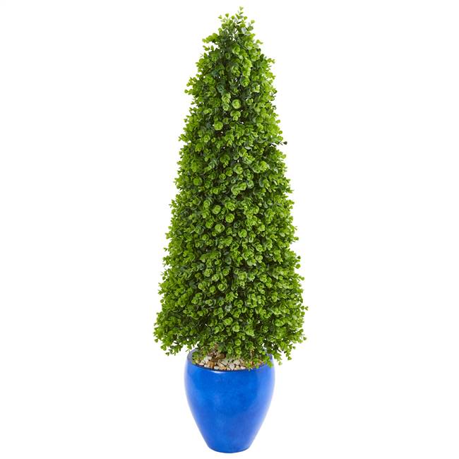 52” Eucalyptus Topiary Artificial Tree in Blue Planter (Indoor/Outdoor)