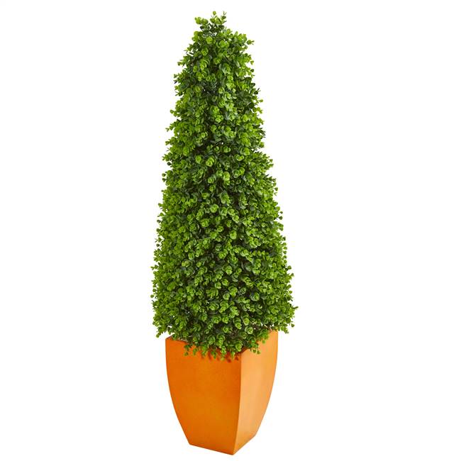 57” Eucalyptus Topiary Artificial Tree in Orange Planter (Indoor/Outdoor)