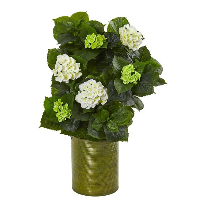 32” Hydrangea Artificial Plant in Metal Green Planter